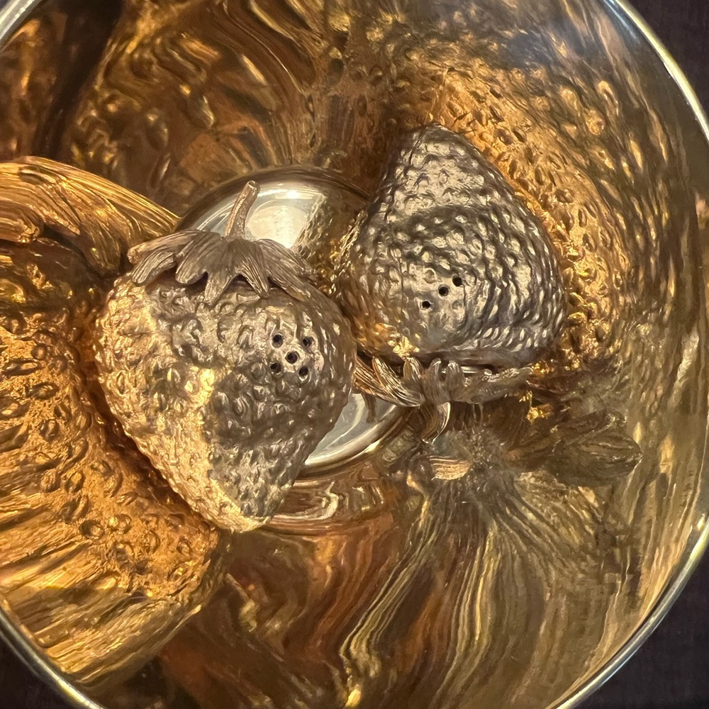 Hammered Decorative Brass Bowl with strawberry salt and pepper shakers